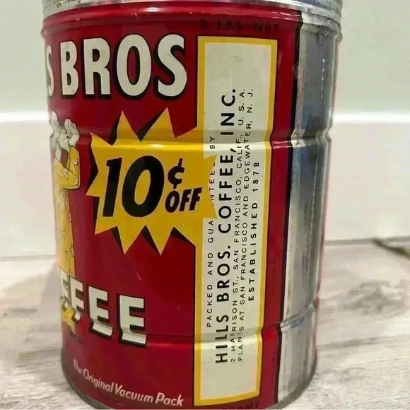 Vintage Hills Bros Coffee Can Red Tin 2lb 10 Cents Off Advertisement - No Lid - Picture 3 of 7